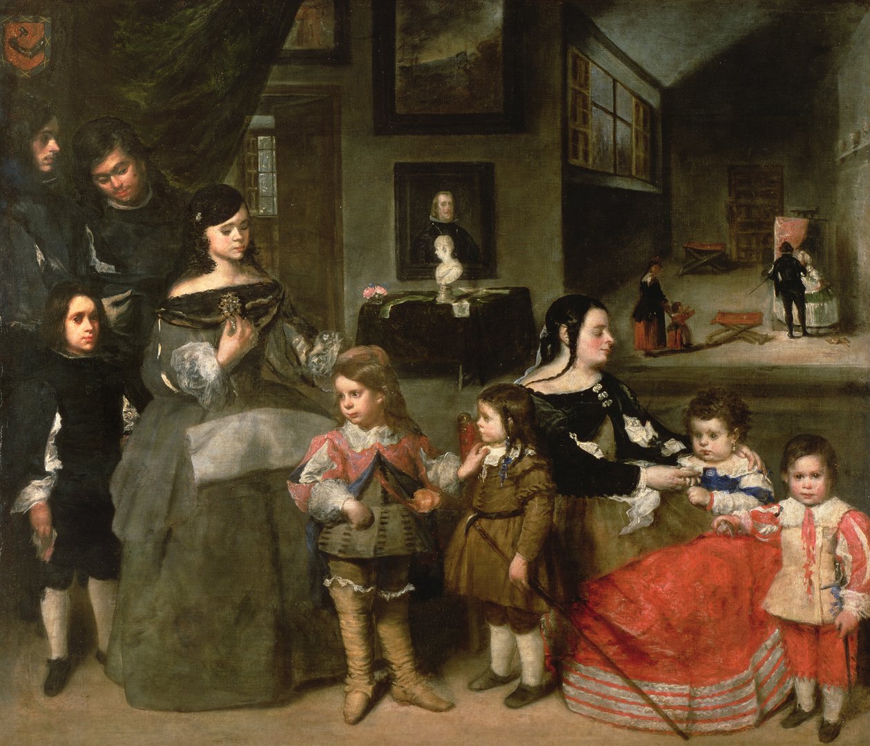 Artists Family, vasemmalla neljä lasta taiteilijan ensimmäisestä avioliitosta Diego Velasquezin, Gasparin, Melchiorin, Baltasarin ja Maria Teresan tyttären kanssa; oikealla hänen toinen vaimonsa Francisc tekijältä Juan Bautista Martinez Del Mazo
