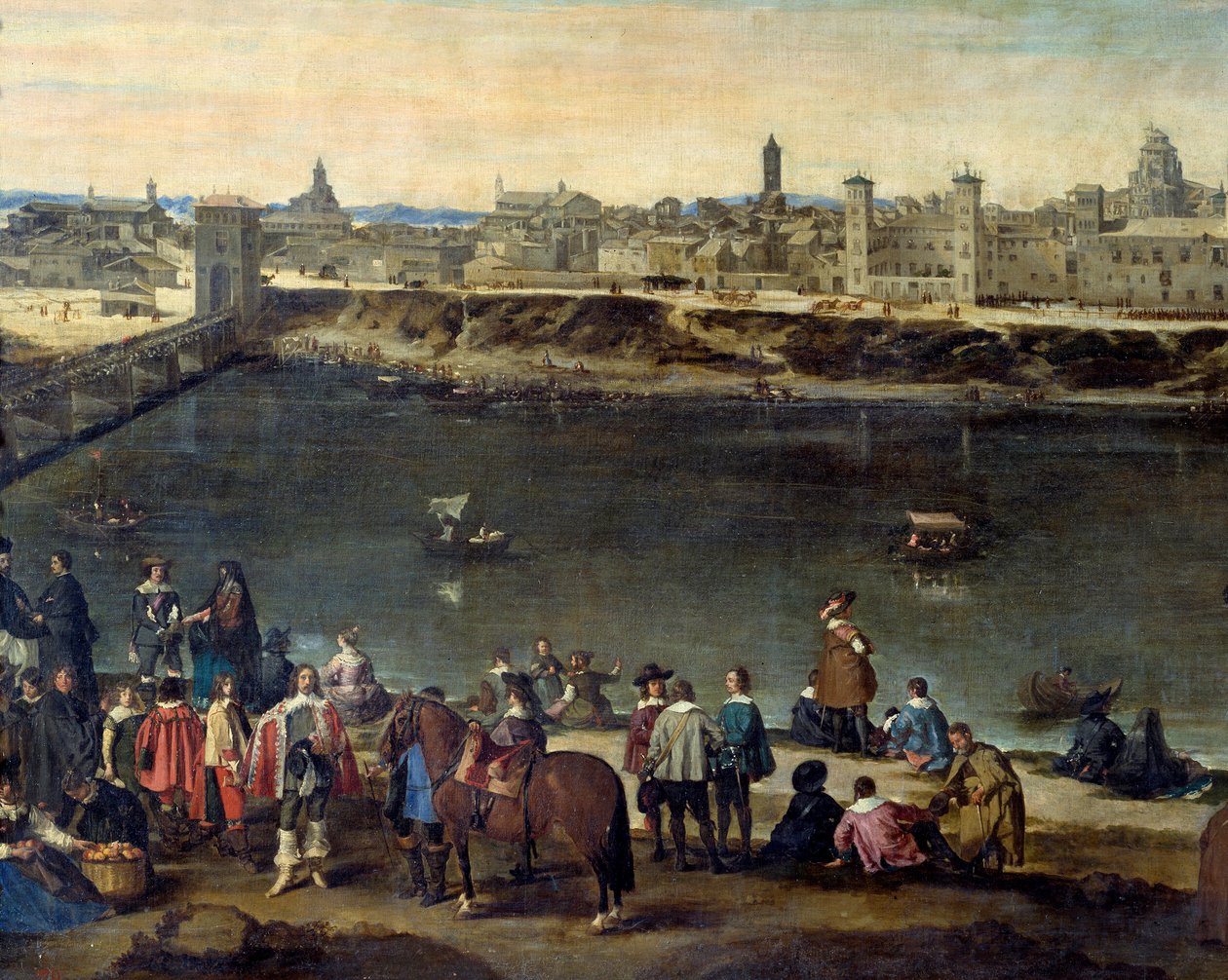 Näkymä Zaragozan kaupunkiin (Zaragoza) vuonna 1646 Yksityiskohta, joka edustaa herroja ja kauppiaita joen varrella. Juan Bautista del Mazon (1612-1667) maalaus 1646 Madrid, Prado-museo tekijältä Juan Bautista Martinez Del Mazo