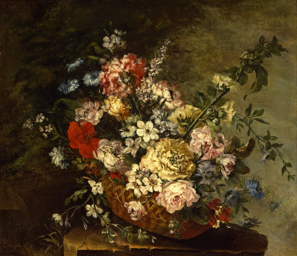 Asetelma kukkien kanssa korissa, n. 1780-1790 tekijältä Juan Bautista Romero