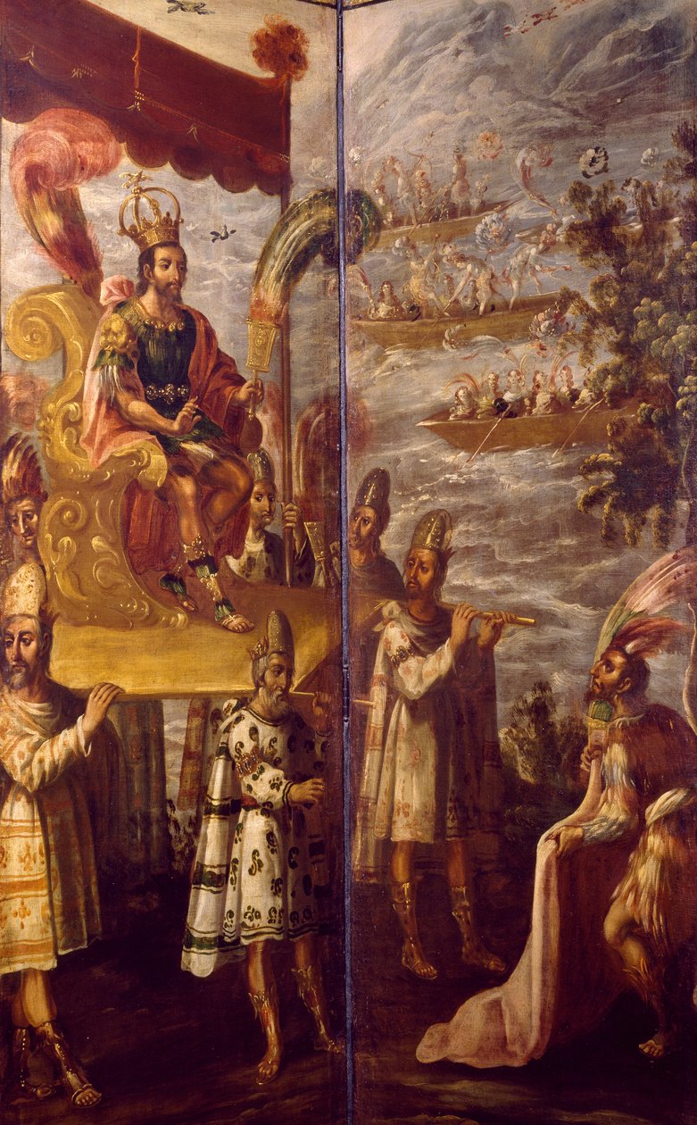 Montezuma, yksityiskohta Cortesin ja Montezuman tapaamisesta, Juan Correan (1645-1716) kuvaruutu, öljy kankaalle, 250x600 cm tekijältä Juan Correa
