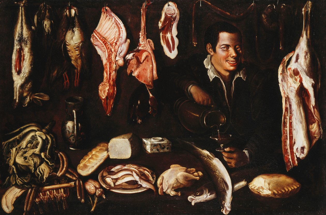 Nuori kaatamassa viiniä ruokakomerossa, 1606 tekijältä Juan Esteban