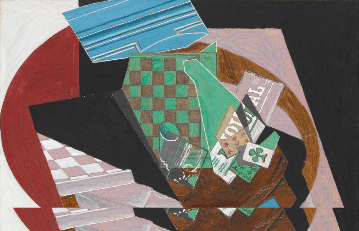 Checkerboard and Playing Cards, 1915 (guassia, grafiittia ja hartsia kermanväriselle paperimassalle, kiinnitetty kartongille). tekijältä Juan Gris