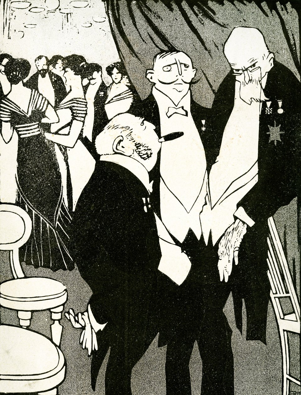 Venäjän lähettiläs keskustelee puolustavasta Turkista muiden johtajien kanssa konferenssissa vuonna 1908. tekijältä Juan Gris