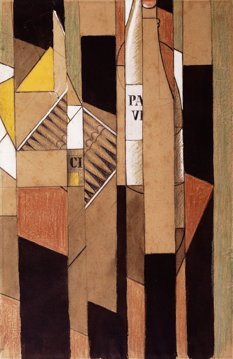 Asetelma pullon ja sikarien kanssa; Asetelma pullon ja sikarien kanssa, 1912 tekijältä Juan Gris