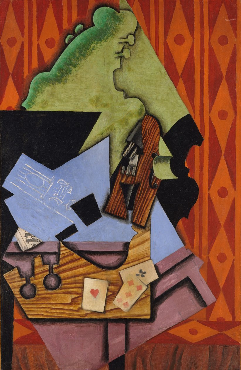 Viulu ja pelikortit pöydällä, 1913 tekijältä Juan Gris