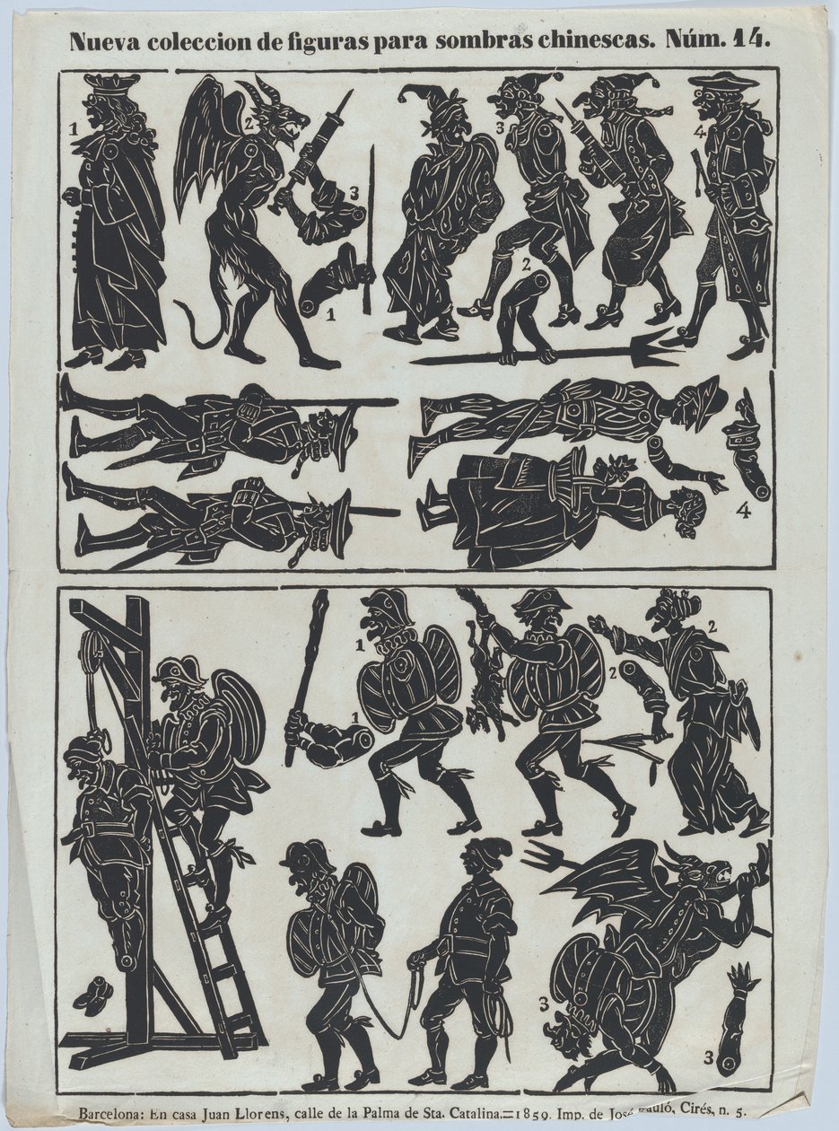Arkki 14 kiinalaisten varjonukkejen hahmoista, 1859. tekijältä Juan Llorens