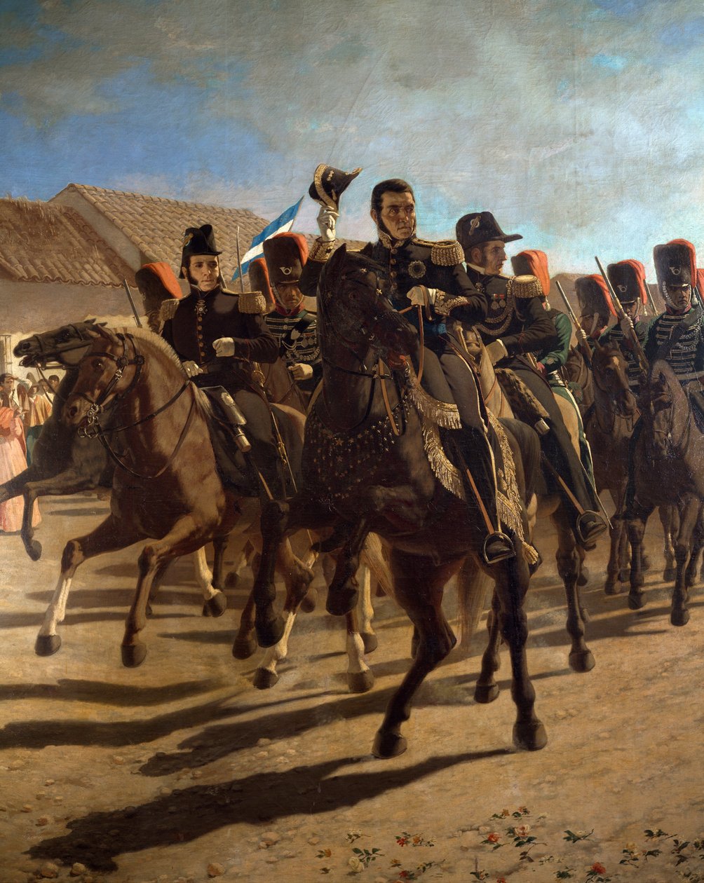 Kenraali Jose de San Martin (1778-1850) esikuntansa kanssa tarkastamassa joukkoja Rancaguassa, Chilessä. tekijältä Juan Manuel Blanes