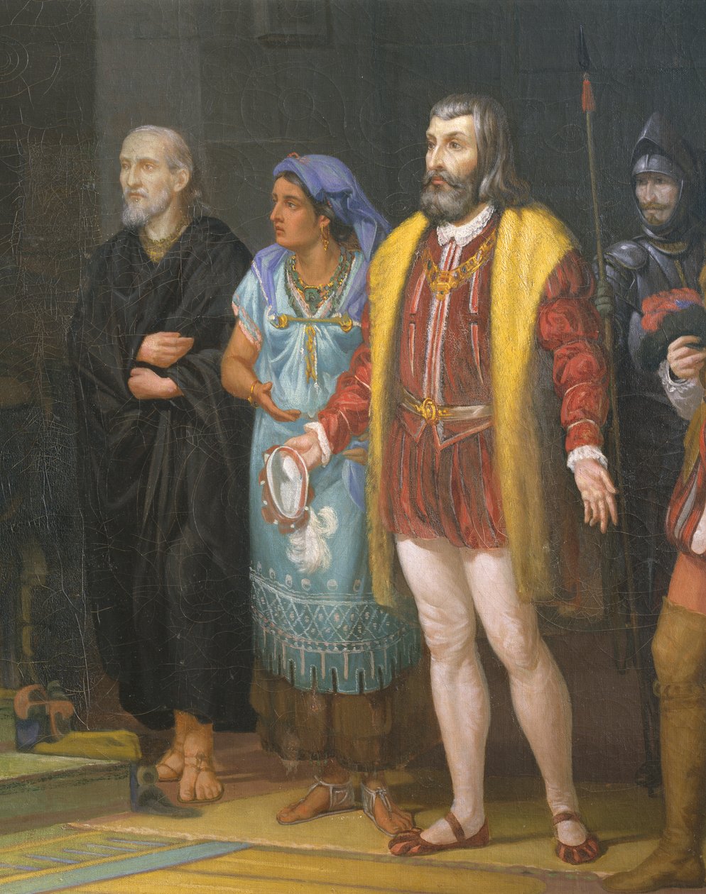 Hernan Cortes, La Malinche ja Bartolome de Las Casas, yksityiskohta, Juan Ortegan maalaus tekijältä Juan Ortega