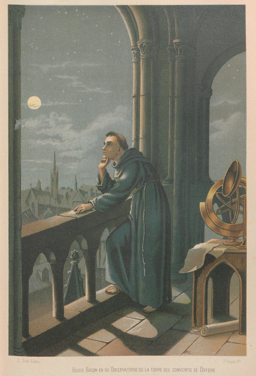 Roger Bacon. Lähde: Tiede ja sen miehet, 1879. tekijältä Juan Planella y Rodríguez