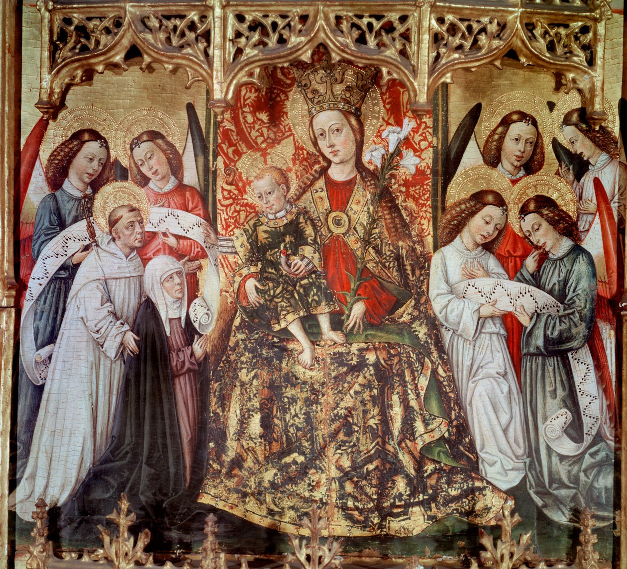 Pyhän Ursulan alttaritaulu: "" Neitsyt ja lapsi pyhien ja enkelien kanssa"" Joan Reixachin (1431-1482) maalaus Santa Maria di Pobletin luostarista - 1468 (Alttaritaulu Santa Ursula, Joan Reixachin maalaus Santa Maria di Pobletin luostarista Maria de Poblet tekijältä Juan Rexach or Reixach