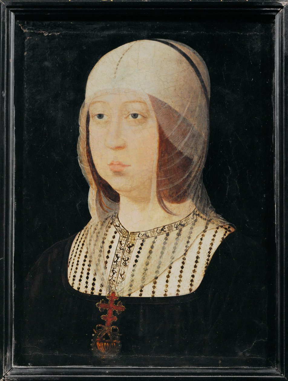 Kastilian katolinen Isabella, Aragonian Ferdinandin vaimo ... (maalaus puulle) tekijältä Juan de (attr. to) Flandes