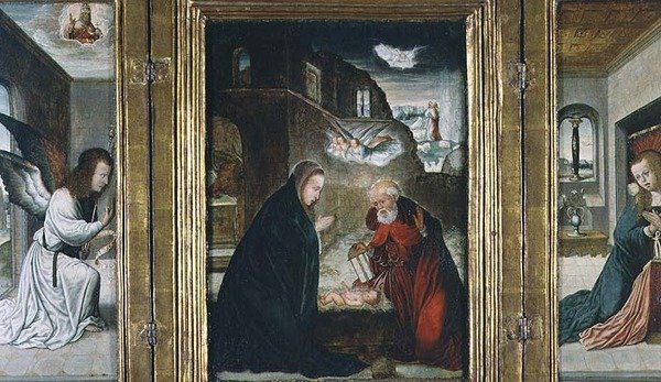 Kristuksen syntymä Triptyykki syntymän kanssa, jota reunustavat ilmestys (paneeli) (katso myös 82427) tekijältä Juan de (school of) Flandes