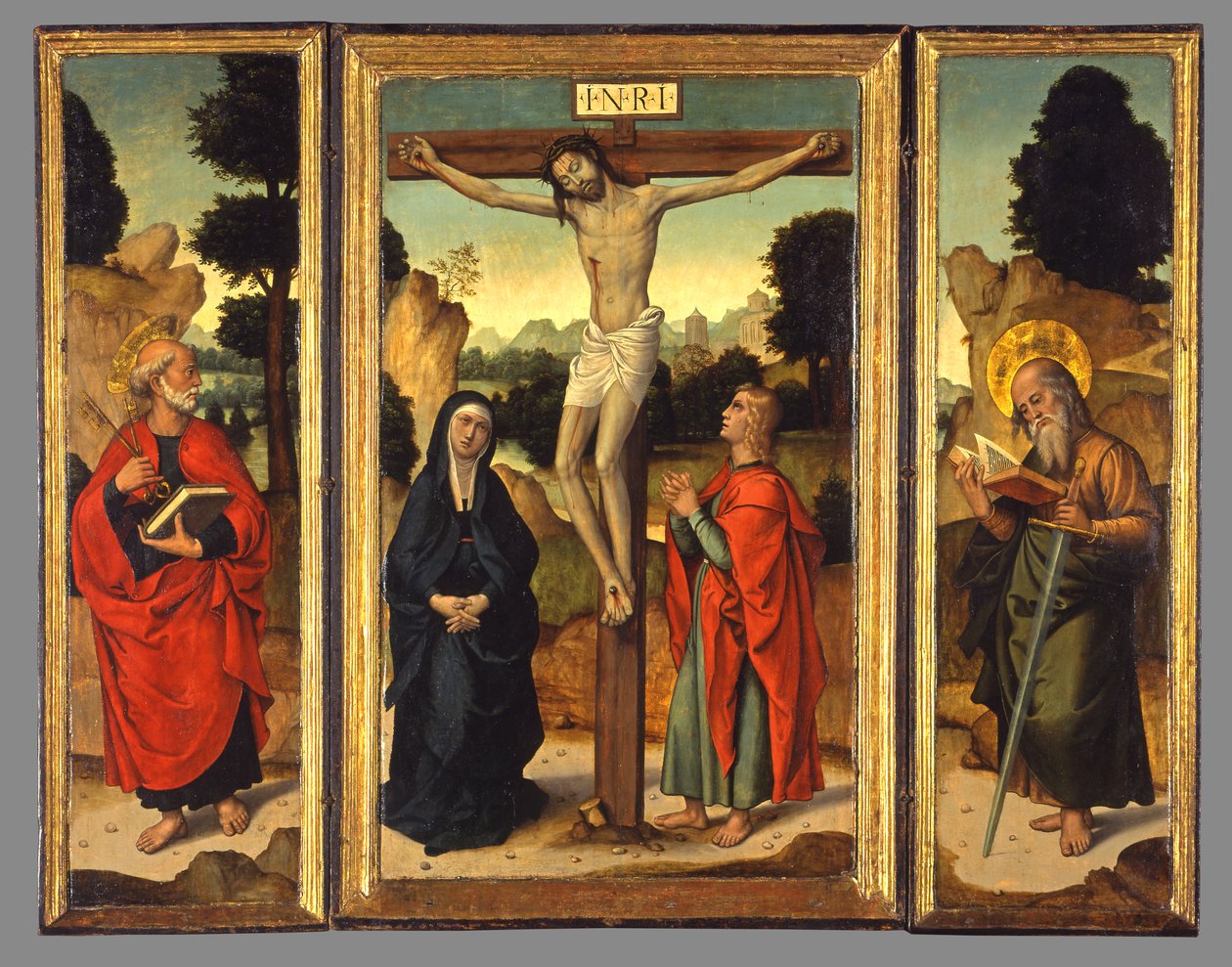Ristiinnaulitseminen Neitsyen ja pyhien Johannes Evankelistan, Pietarin ja Paavalin kanssa, n. 1520-1540 tekijältä Juan de Borgoña