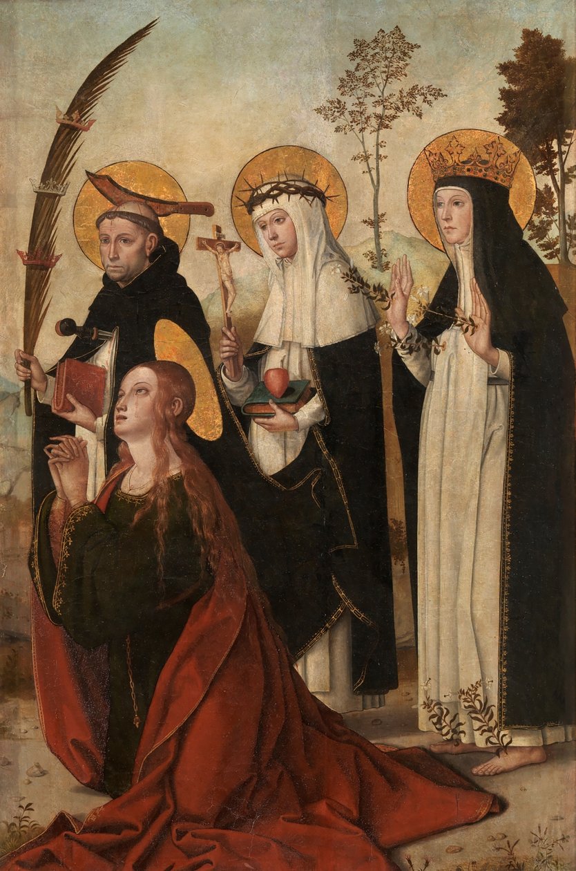 Maria Magdaleena, Pietari Veronalainen, Katariina Sienalainen ja Margareta Unkarilainen. tekijältä Juan de Borgoña