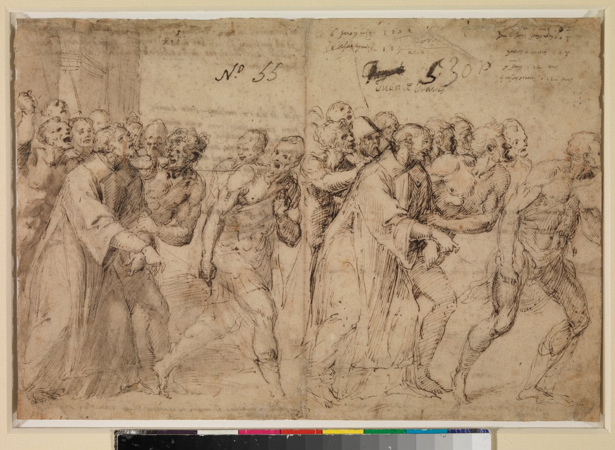 Kaksi tutkimusta "Pyhä Stefanus johdatetaan marttyyrikuolemaansa" (recto), 1556 tekijältä Juan de Juanes