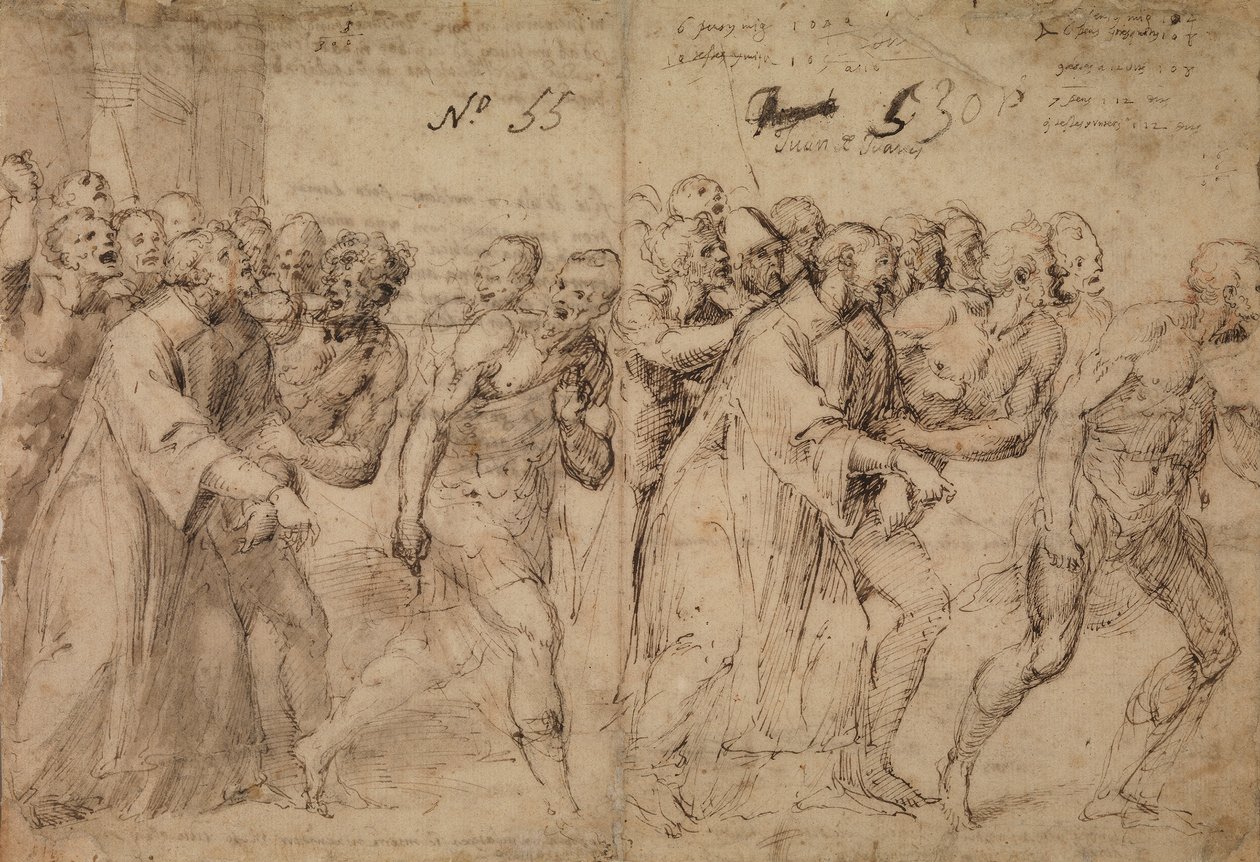 Tutkimus Pyhän Tapanin marttyyrikuoleman johdatukselle, 1566 (kynä ja ruskea muste, harmaa pesu ja (myöhemmin?) punaisen liidun jälkiä paperilla) (recto) tekijältä Juan de Juanes Juan de Juanes