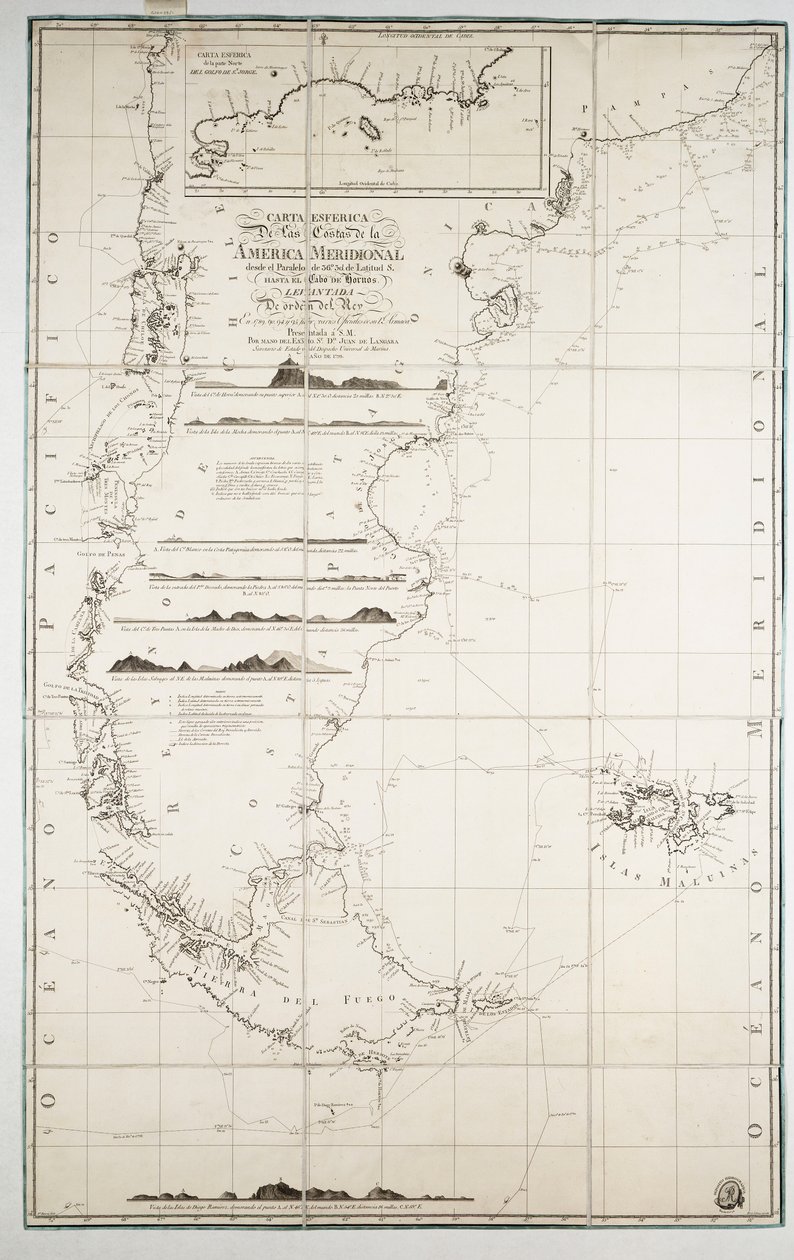 Chilen, Patagonian, Tulimaan ja Falklandinsaarten kartta, noin 1798 (kaiverrus). tekijältä Juan de Langara