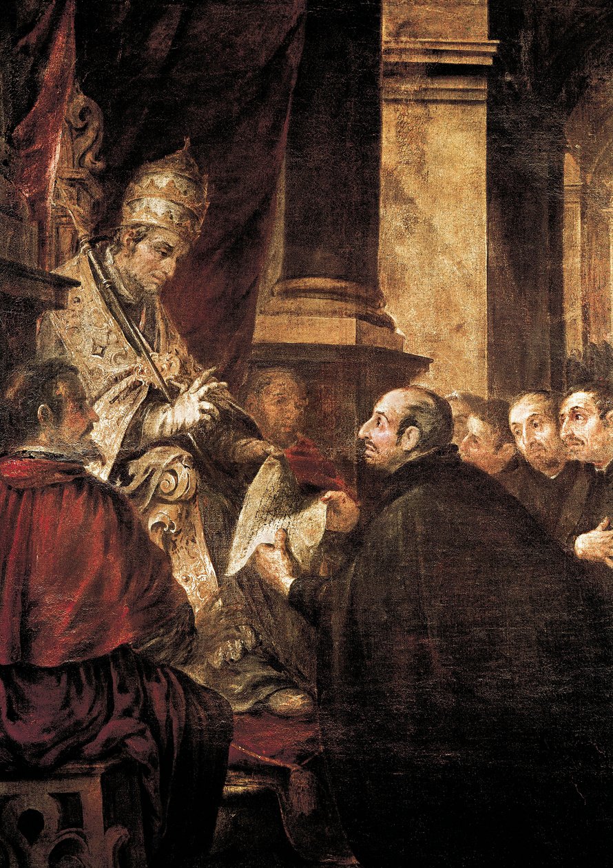 Pyhä Ignatius Loyola vastaanottaa jesuiittojen ritarikunnan bullan paavi Paavali III:lta, Juan de Valdes Lealin maalaus. tekijältä Juan de Valdes Leal