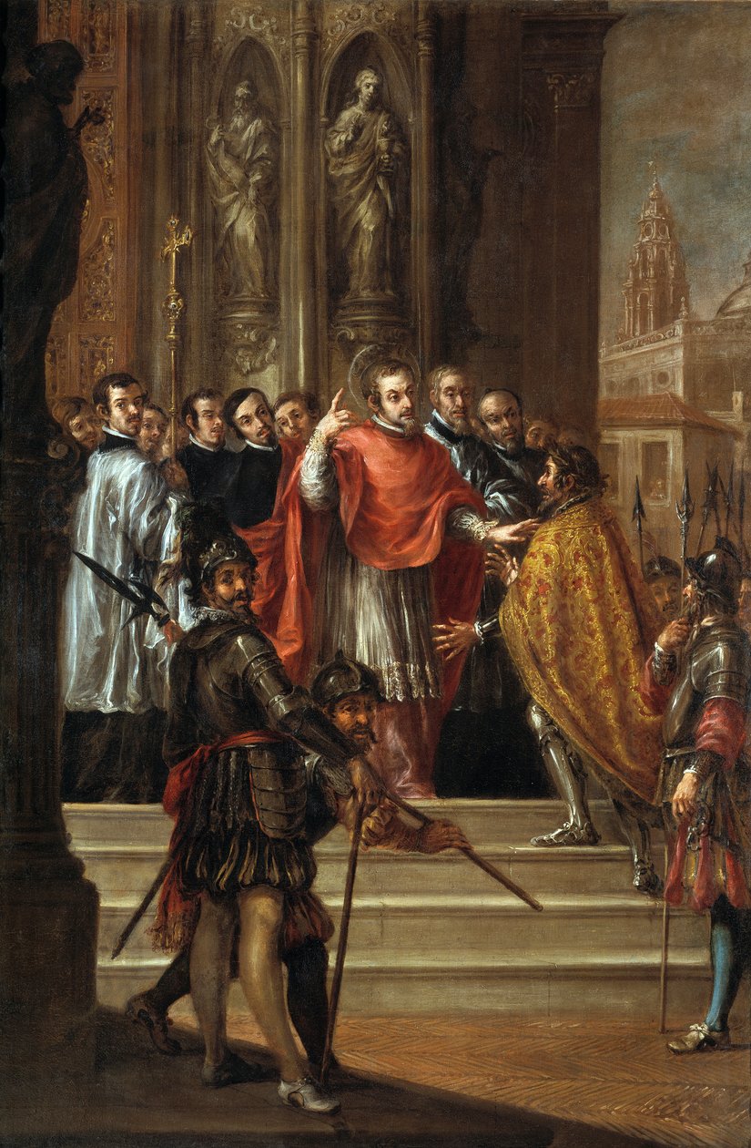 Pyhä Ambrosius kieltää keisari Theodosiukselta pääsyn kirkkoon, n. 1673 (öljy kankaalle) tekijältä Juan de Valdes Leal