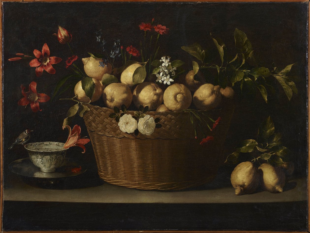 Asetelma sitruunoiden kanssa pajukorissa, noin 1643-1649. tekijältä Juan de Zurbaran