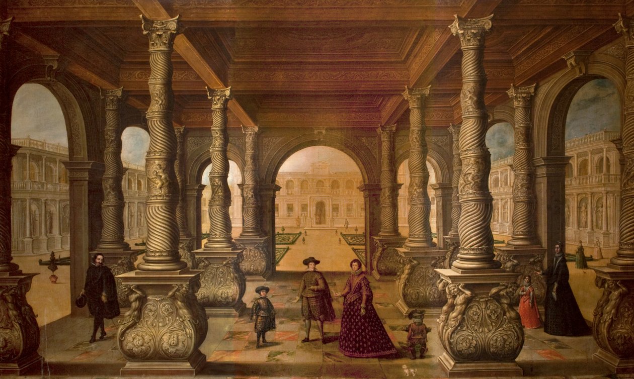 Philip IV ja hänen kuningattarensa pylväikkössä, n. 1630 (öljy kankaalle) tekijältä Juan de la Corte