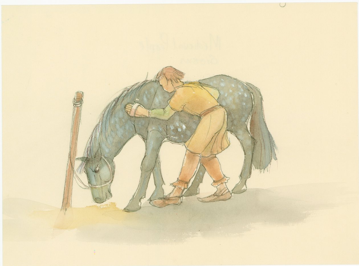 Keskiaikainen sulhanen harjaa hevosta, 2004. tekijältä Judith Dobie