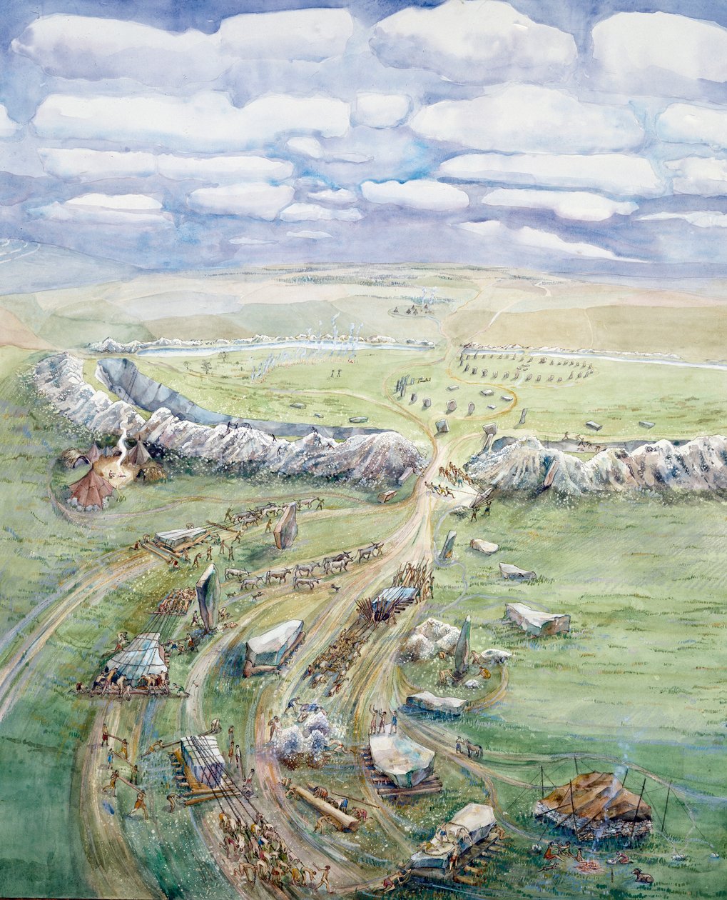 Avebury Henge rakenteilla (vesiväri paperille) tekijältä Judith Dobie