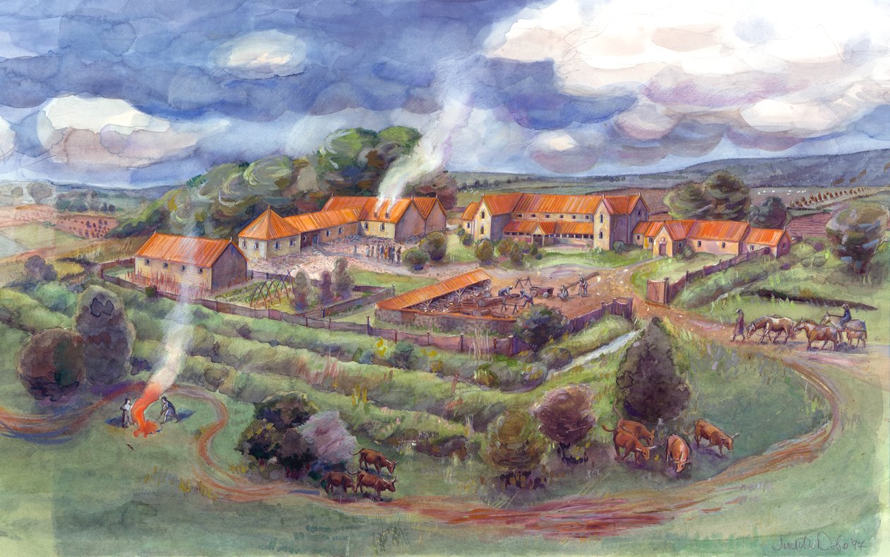 Gargrave Roman Villa, joka tunnetaan myös nimellä Kirk Sink Roman Villa (akvarelli paperille) (vesiväri paperille) tekijältä Judith Dobie