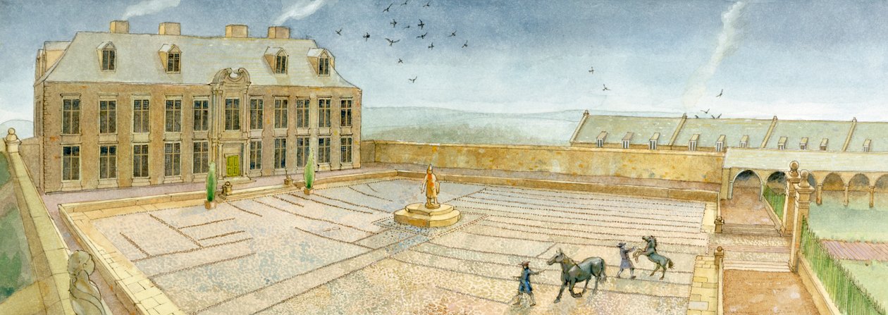 Cholmleyn kartanon juhlasali ja esipiha Whitby Abbeyssa vuonna 1700 (vesiväri paperille). tekijältä Judith Dobie