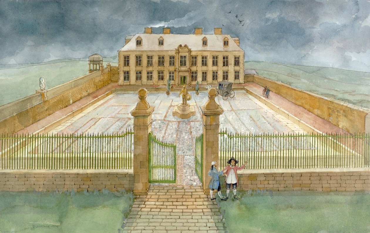 Cholmleyn kartanon juhlasali ja esipiha Whitby Abbeyssa vuonna 1700 (vesiväri paperille). tekijältä Judith Dobie