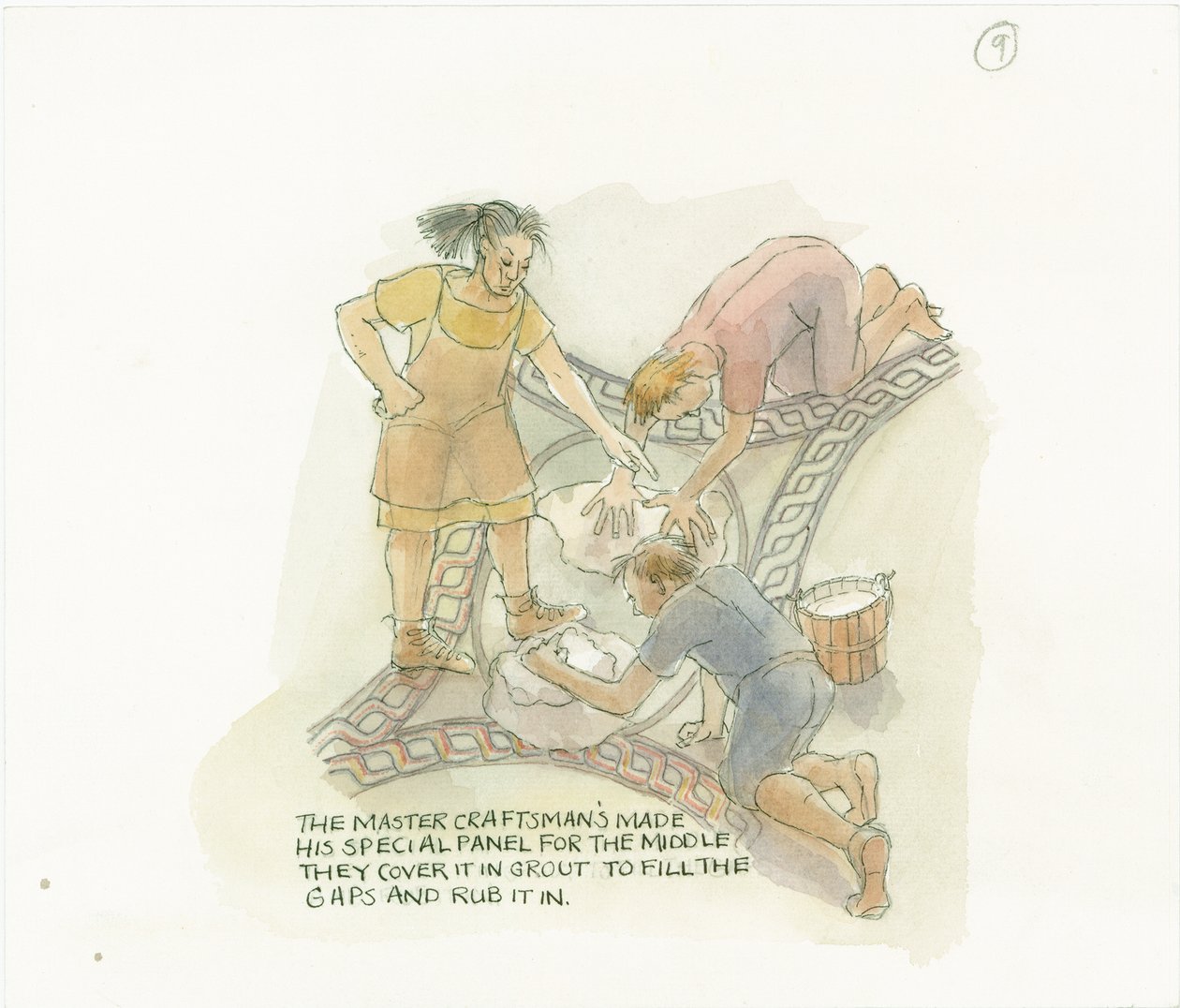 Kaksi työntekijää saumaamassa käsityömestarin valmistamaa ja valvomaa lattiapaneelia, 2003. tekijältä Judith Dobie