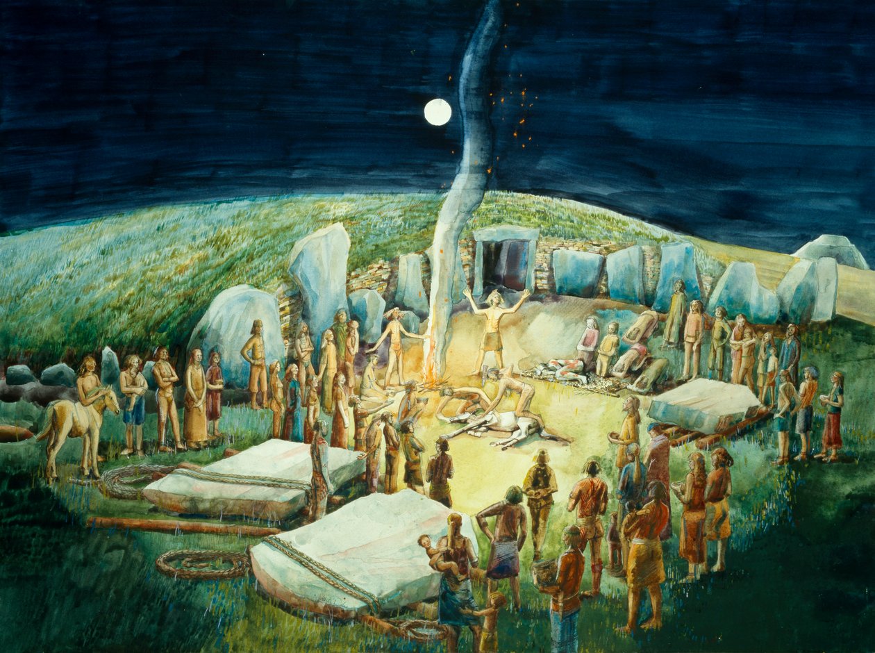 West Kennet Long Barrow, neoliittinen rekonstruktio (vesiväri paperille) tekijältä Judith Dobie