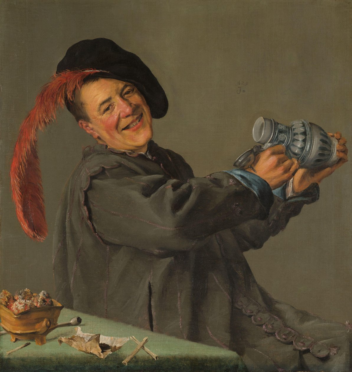 Tyhmä pitelee kannua, joka tunnetaan nimellä "Jollyt juomari" tekijältä Judith Leyster