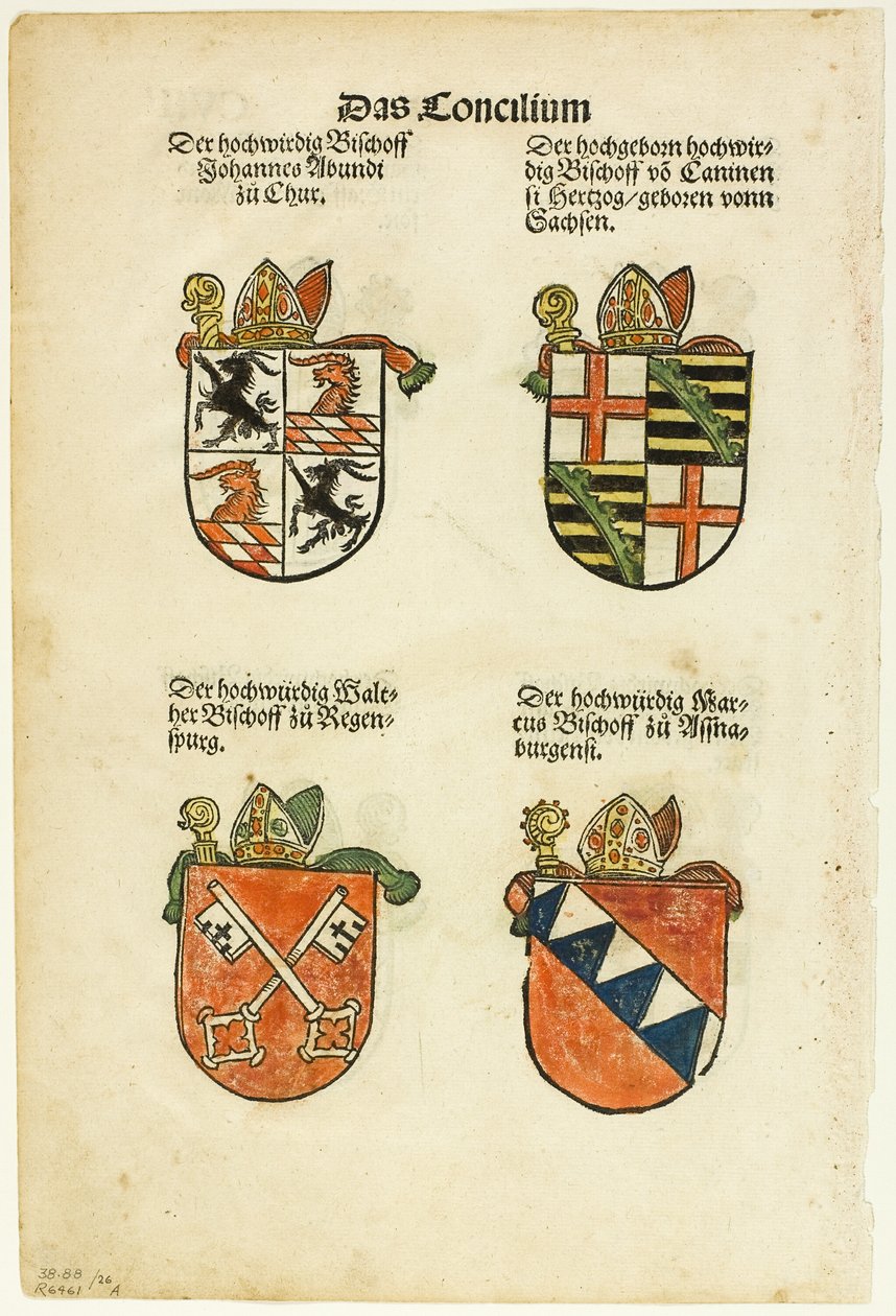 Piispojen vaakunat (etu- ja takapuoli) teoksesta Das Concilium so zu Constantz, levy 26 teoksesta Woodcuts from Books of the XVI Century (Puupiirroksia XVI vuosisadan kirjoista) tekijältä Jörg Breu the Elder