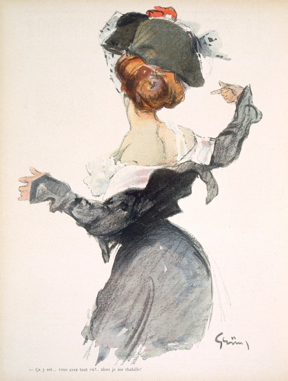 Sarjakuva naisesta suorittamassa kiireistä striptiissiä ensimmäisen maailmansodan aikana, elokuvasta "La Baionnette", 1915 tekijältä Jules Alexandre Gruen or Grun