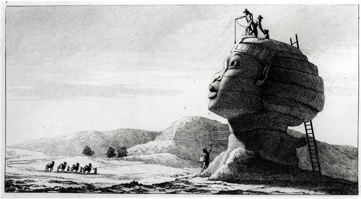 Ranskalaiset mittaavat sfinksiä, Dominique Vivant Denonin (1747-1825) Voyage en Egypte -teoksesta, kaiverrus Deparc, 1802 (bw kuva) tekijältä Jules Alfred Vincent Rigo