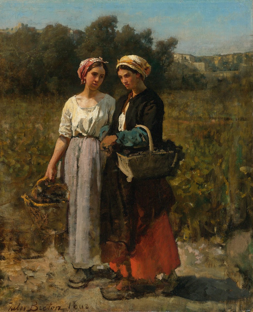 Zwei junge Frauen bei der Weinlese tekijältä Jules Breton
