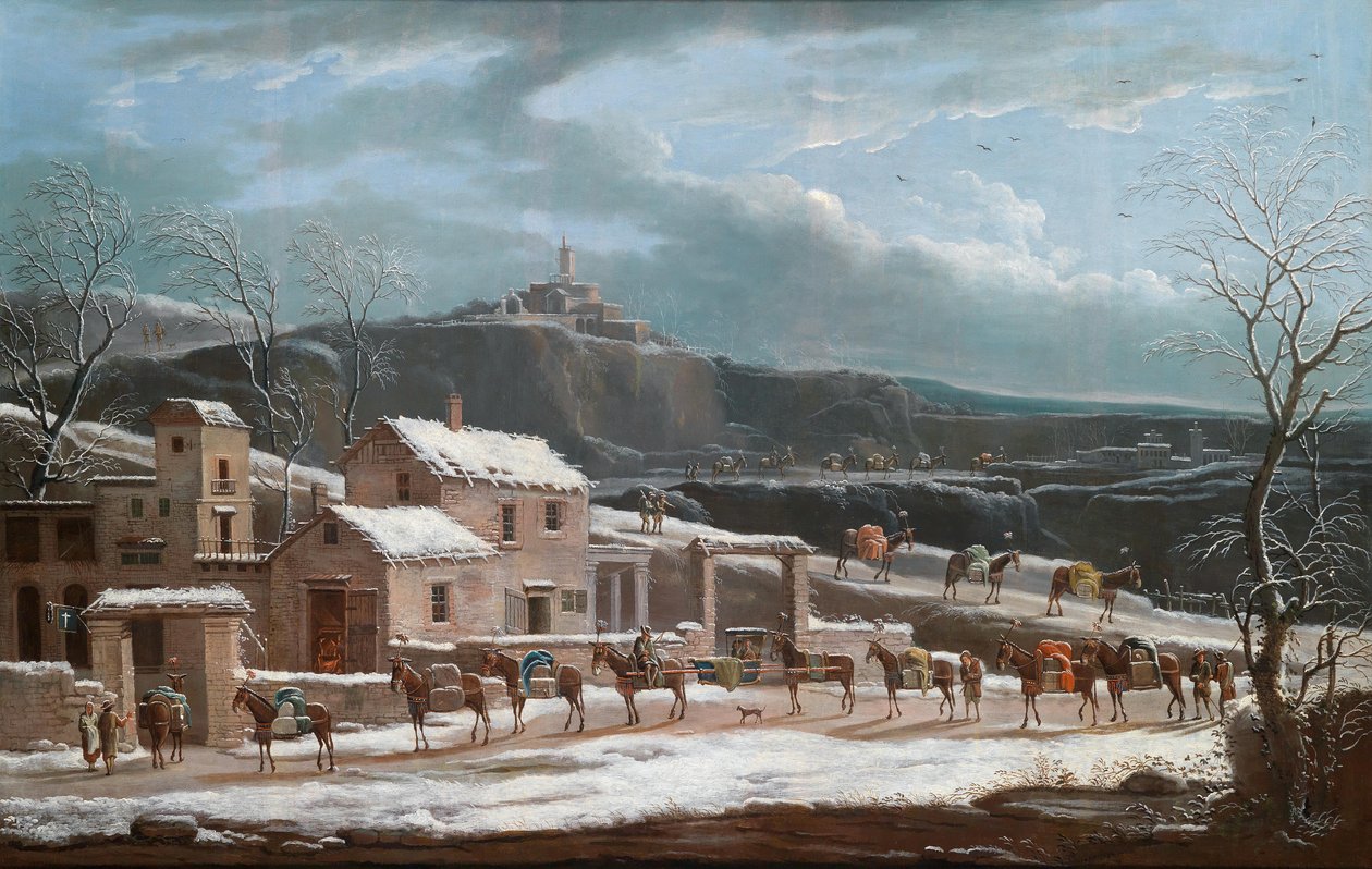 Eine Winterlandschaft mit Händlerkarawane tekijältä Jules Cesar Denis van Loo