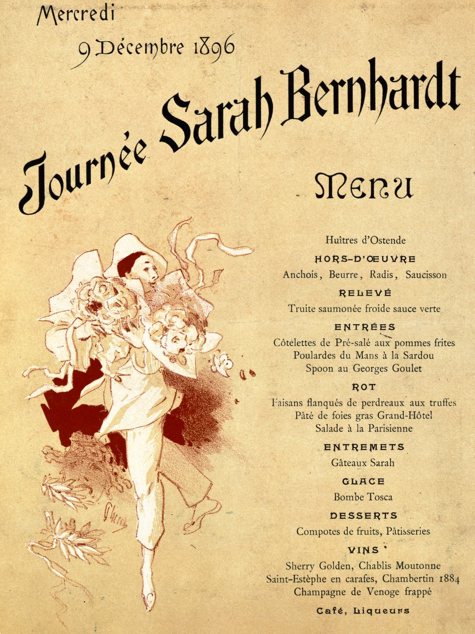 Keskiviikkona 9. joulukuuta 1896, Journee Sarah Bernhardt, Menu Card, 1896 (katso myös 245010) tekijältä Jules Cheret