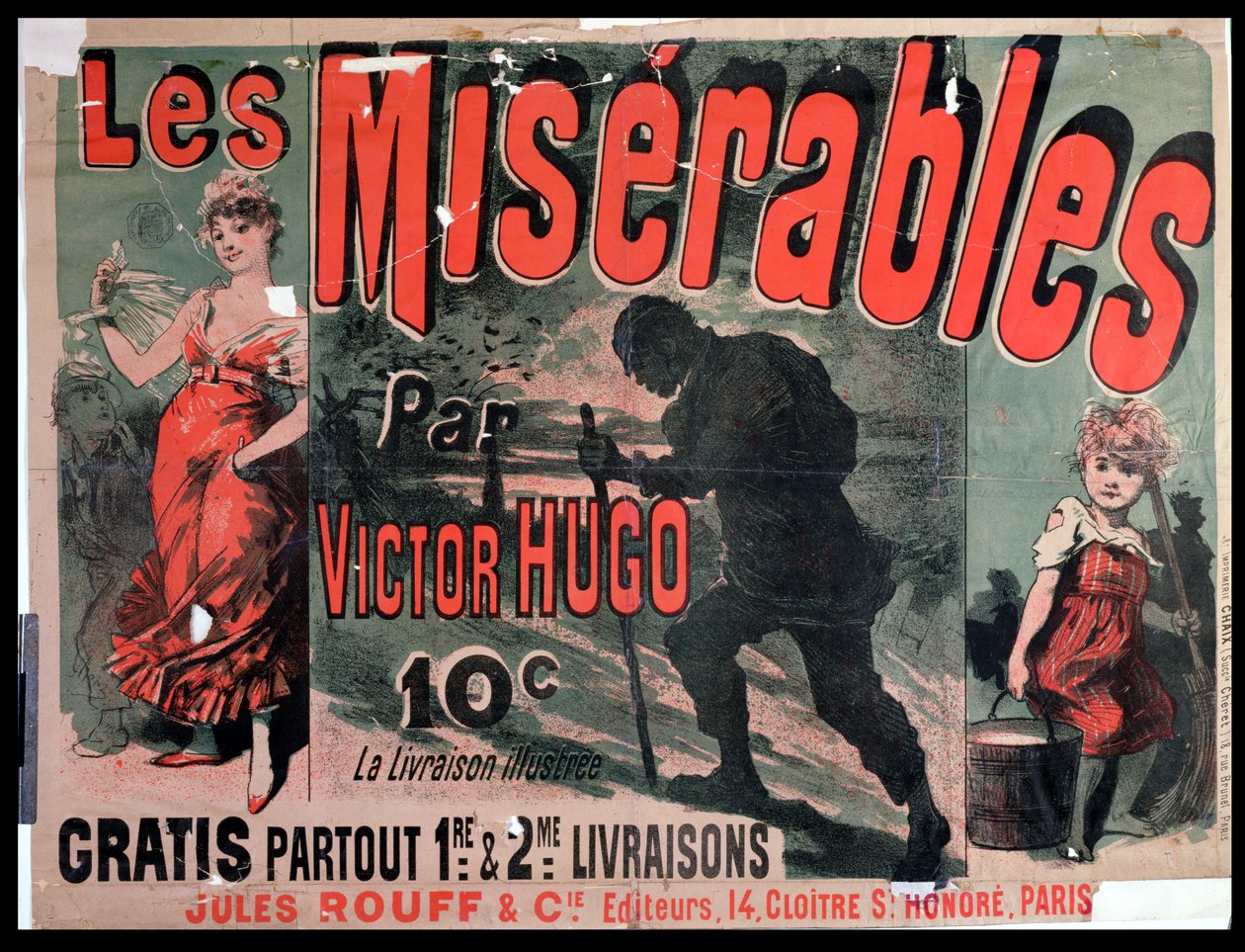 Juliste, joka mainostaa Victor Hugon (1802-85) julkaisua "Les Miserables" 1886 tekijältä Jules Cheret