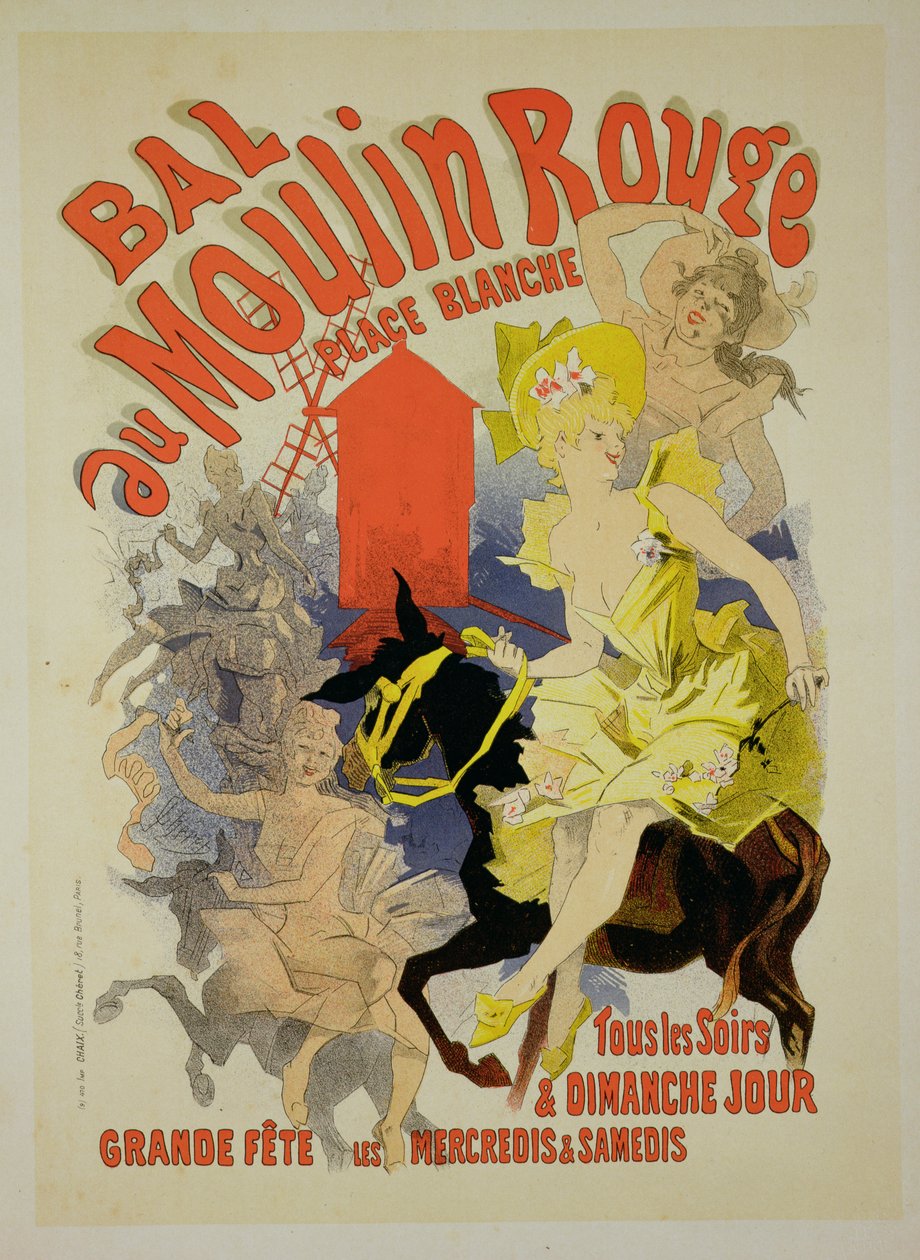 Jäljennös julisteesta, joka mainostaa "Bal au Moulin Rougea", 1889 tekijältä Jules Cheret