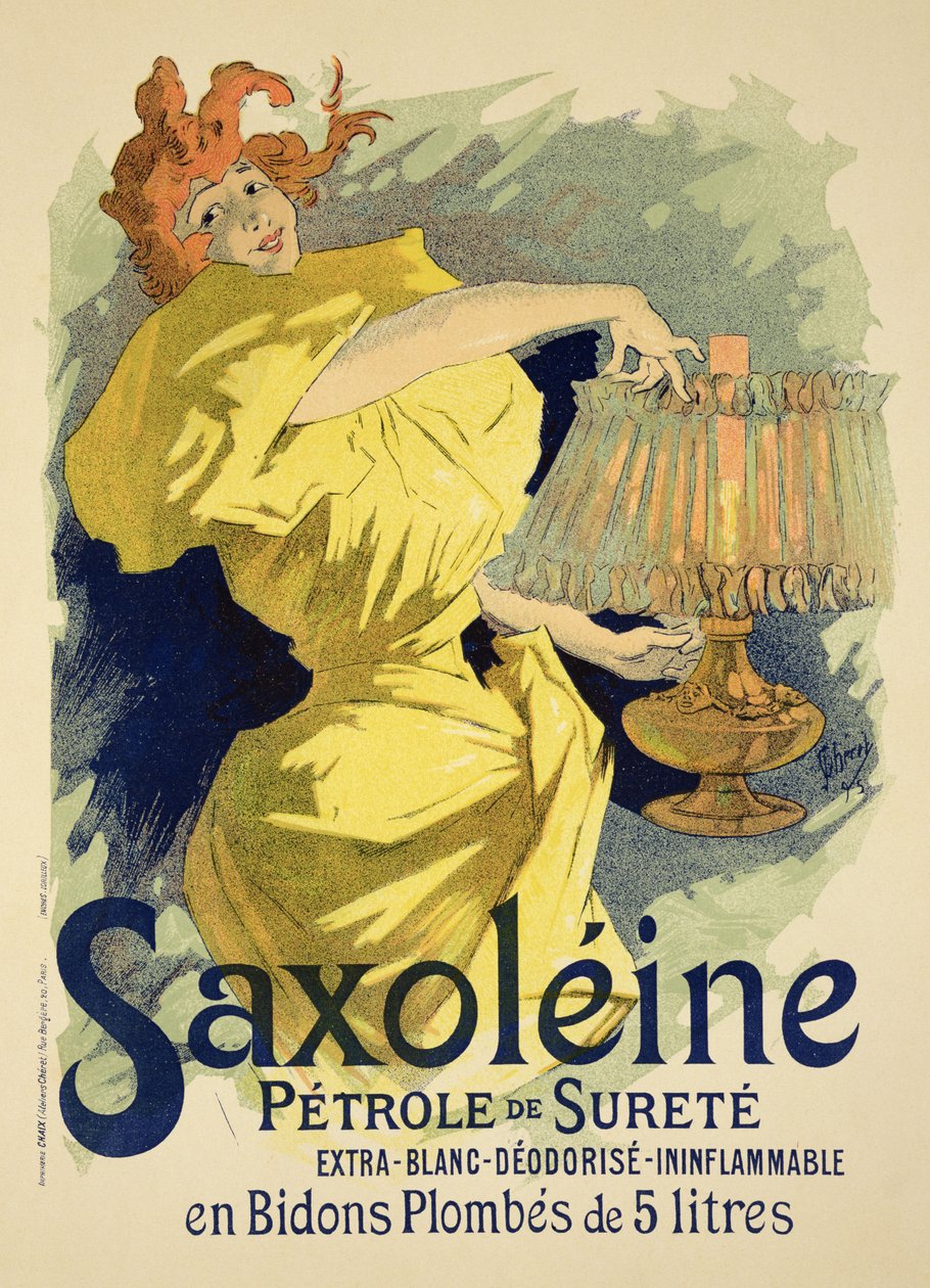 Jäljennös julisteesta, jossa mainostetaan "Saxoleine", turvallinen parafiiniöljy, 1896 tekijältä Jules Cheret