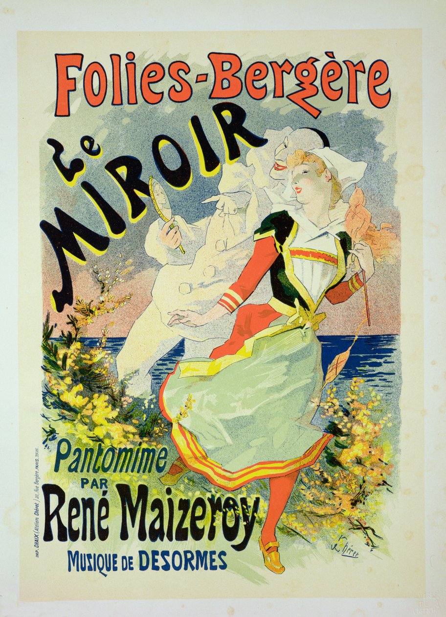 Jäljennös julisteesta, joka mainostaa Rene Maizeroyn pantomiimia "The Mirror" Folies-Bergeressä (katso 126671) tekijältä Jules Cheret