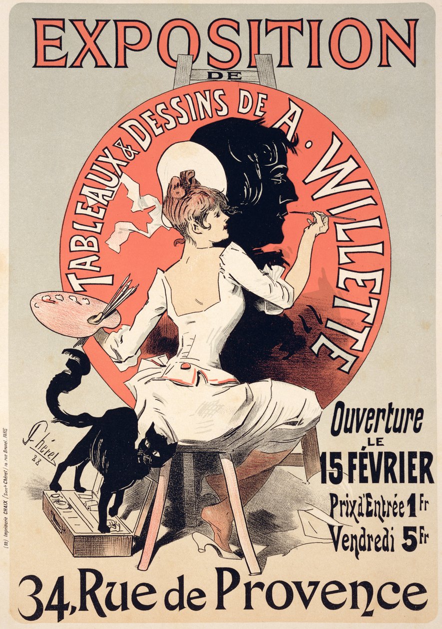 Jäljennös julisteesta, joka mainostaa A. Willetten (1857-1926) maalausten ja piirustusten näyttelyä, Rue de Provence, 1888 tekijältä Jules Cheret