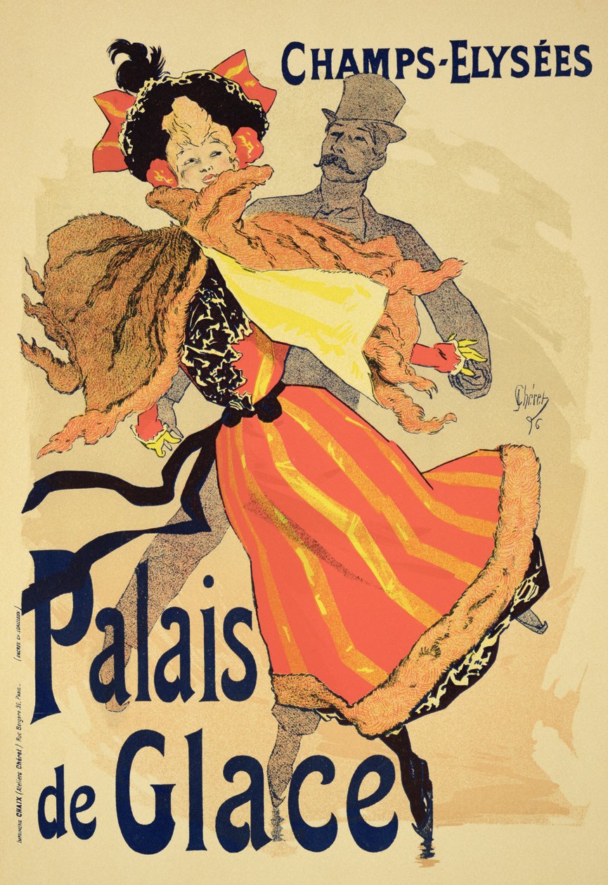 Jäljennös julisteesta, joka mainostaa Palais de Glacea, Champs Elysees, Pariisi, 1896 tekijältä Jules Cheret