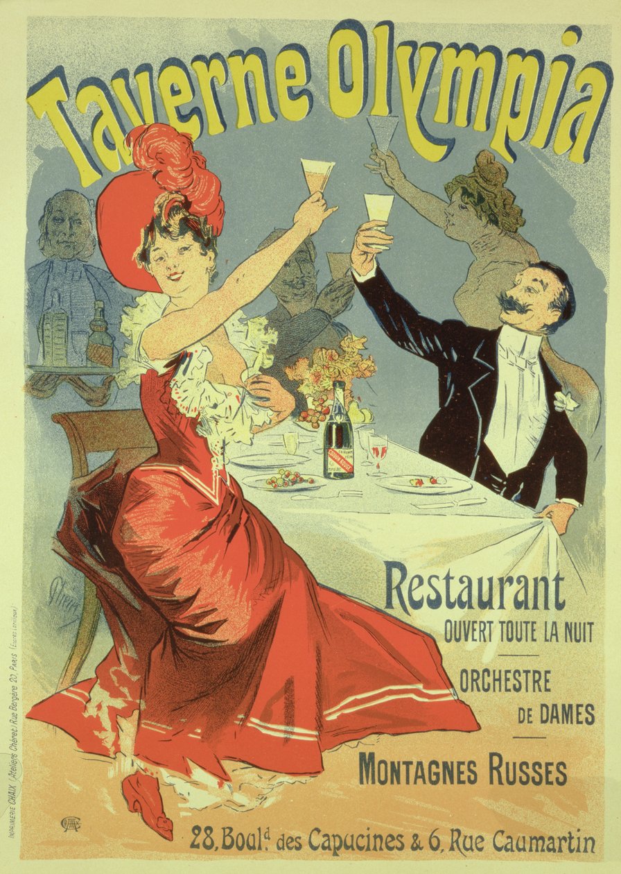 Jäljennös julisteesta, joka mainostaa "Taverne Olympiaa", Pariisi, 1899 tekijältä Jules Cheret