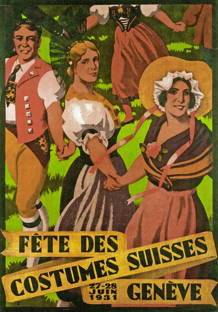 Julistemainos Fête des Costumes Suisse Genevessä (1931) tekijältä Jules Courvoisier