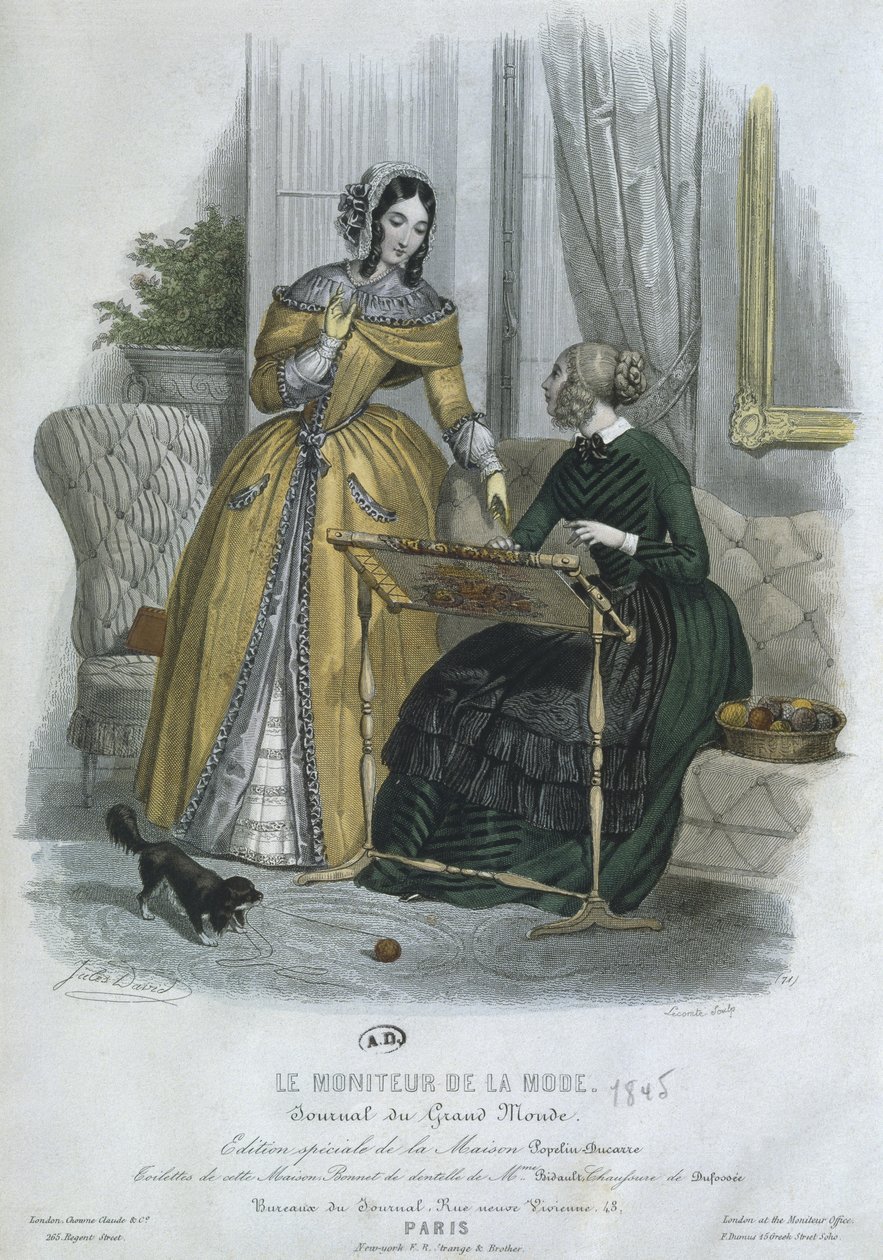 Muotilevy, Pariisi, kuvitus "Le Moniteur de la Modesta", kaiverrus Lecomte, 1845 (värikaiverrus) tekijältä Jules David