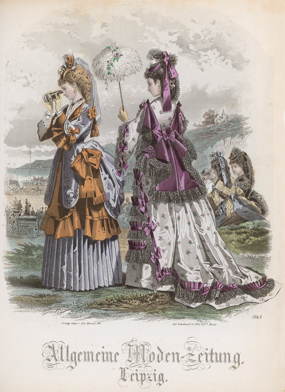 Kaksi naista, muotilevy "Allgemeine Moden-Zeitung" -lehdestä, Leipzig, 1872. tekijältä Jules David