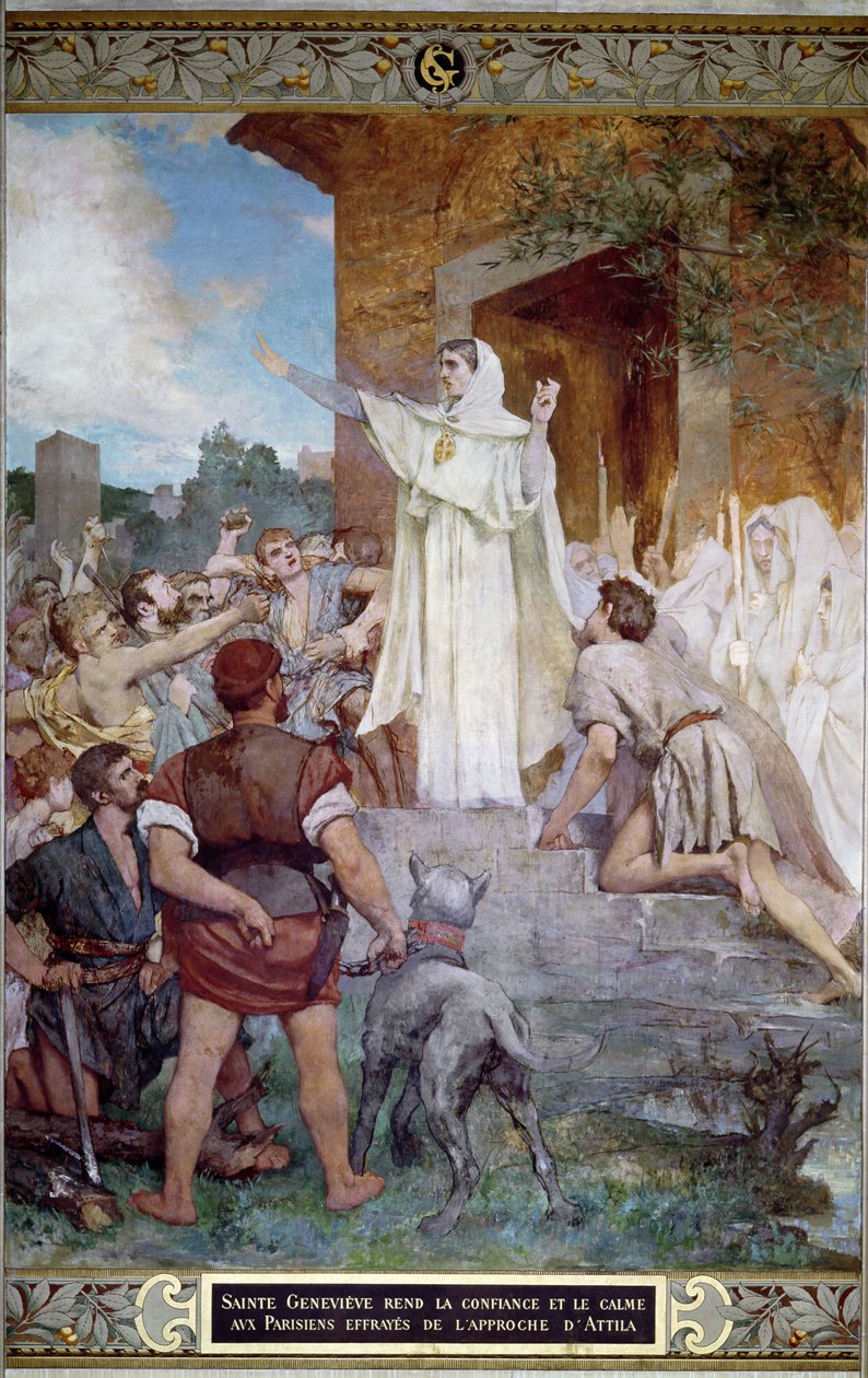 Pyhä Genevieve rauhoittaa pariisilaisia Attilan lähestyessä (n. 406-453) tekijältä Jules Elie Delaunay